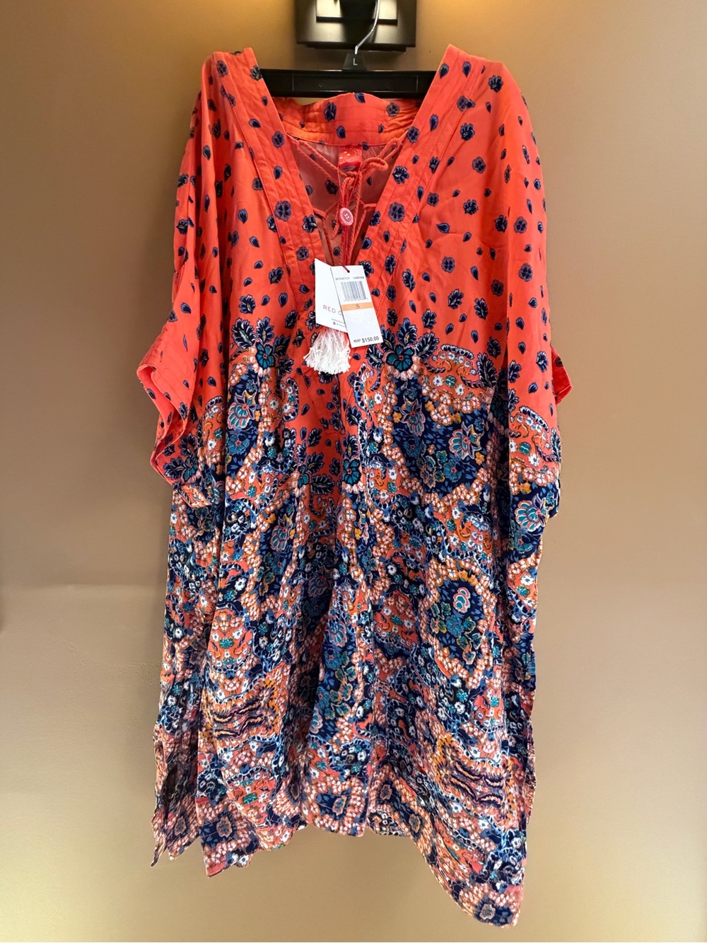 Red Carter Coral and Navy Boho Printed Mini Dress, Tunic, or Cover up